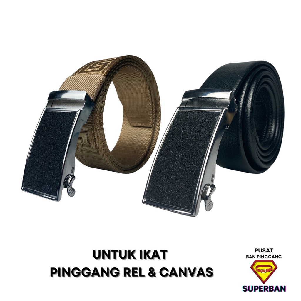 KEPALA IKAT PINGGANG PRIA MODERN MODEL REL AUTOMATIC KULIT CANVAS FORMAL CASUAL SILVER HITAM - SUPERBAN