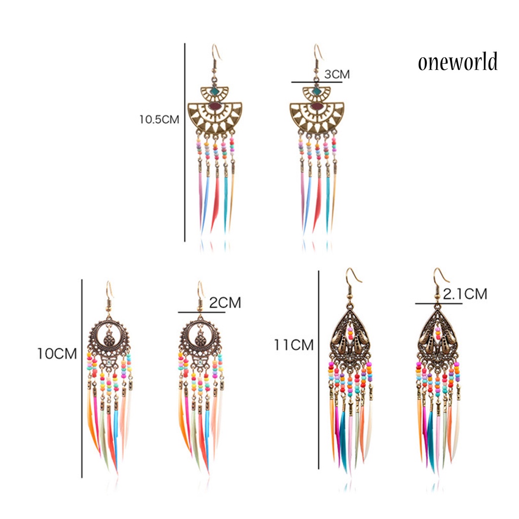 OW# Earrings Retro Romantic Resin Beads Bohemian Feather Tassel Fringe Earrings for Women