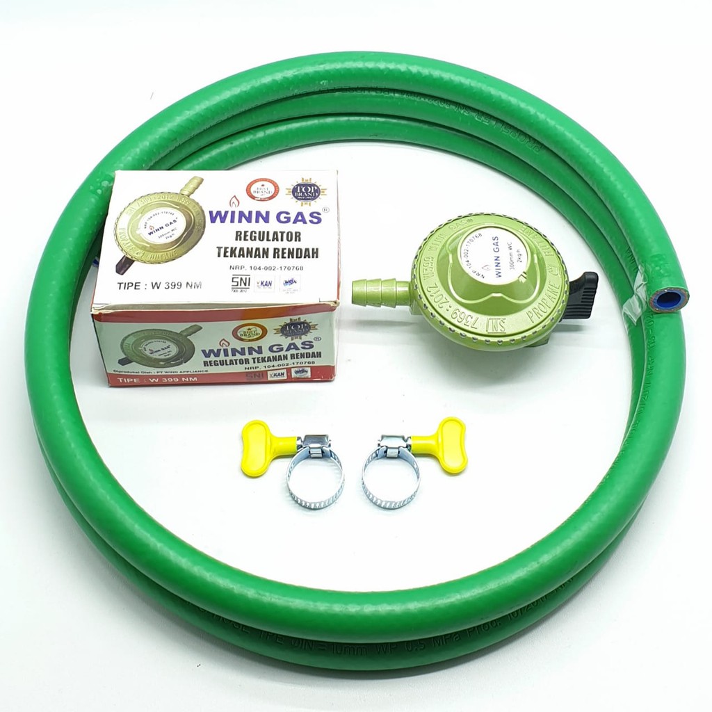 SET Winn Gas W-399NM Tanpa Meter + Selang HIJAU 5 Lapis 2 Mtr + 2 Klem Kuping / Regulator Gas + Sela