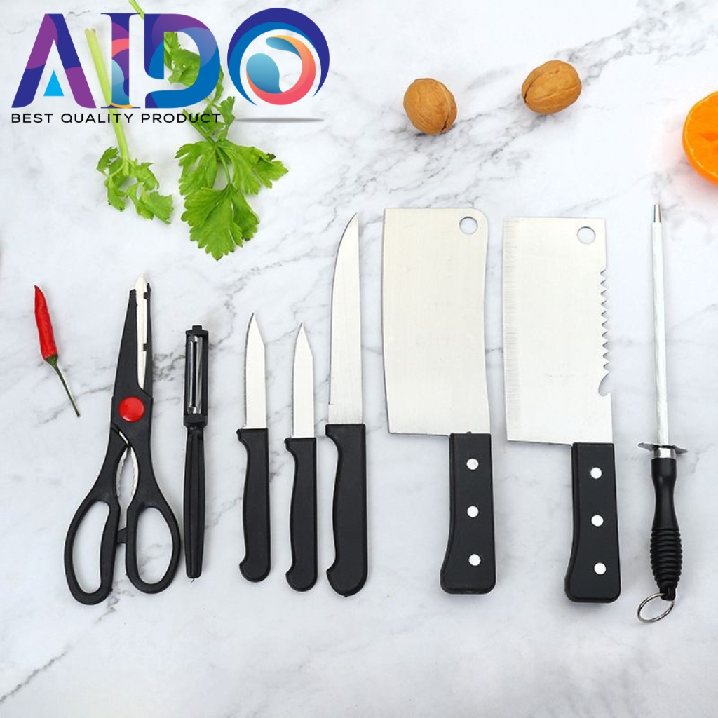 Pisau Dapur Set isi 8 psc 1068 - Hitam PISAU STAINLESS STEEL SET AIDO