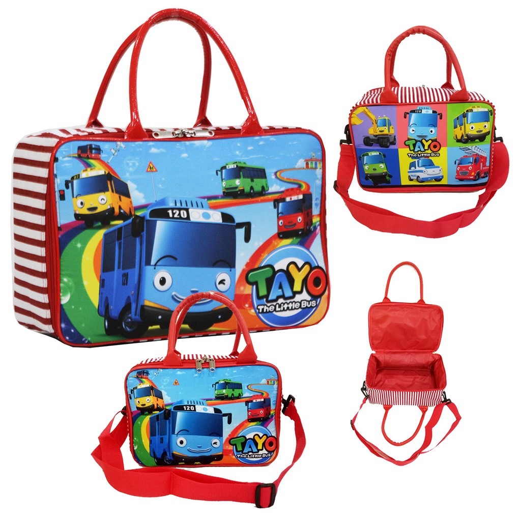 SET isi 2 - Tas Travel Anak Motif Gambar BUS Bahan Kanvas  - Merah