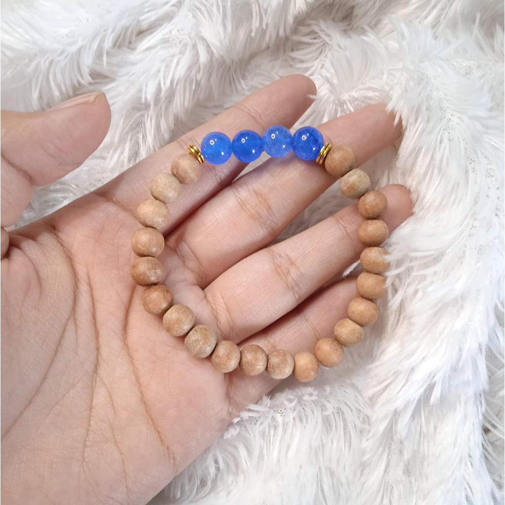 Gelang Batu Original Handmade Kayu Cendana Kombinasi Batu Alam Blue Agate