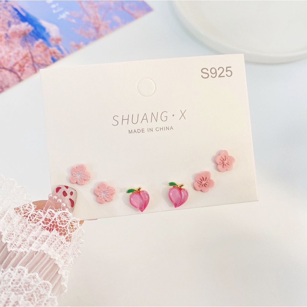 YEEZII Set Perhiasan Anting S925 Silver Solid Color Model Butterfly Fruit Flower Tulip Untuk Wanita