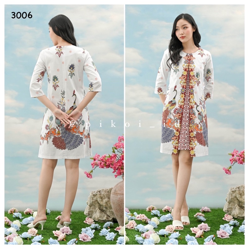 Set couple batik modern merah putih / dress imlek kekinian / seragam kantor batik putih bangau 300