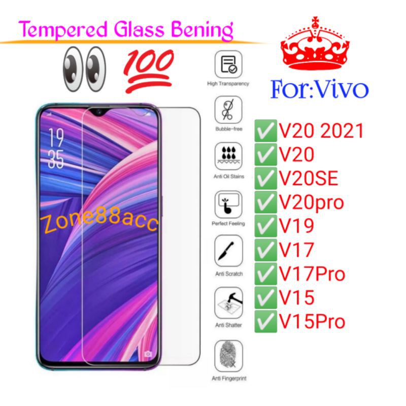 Vivo V20 V20SE V20pro V19 V17 V17pro V15 V15pro Pro Antigores Bening Tempered Glass Screen TG