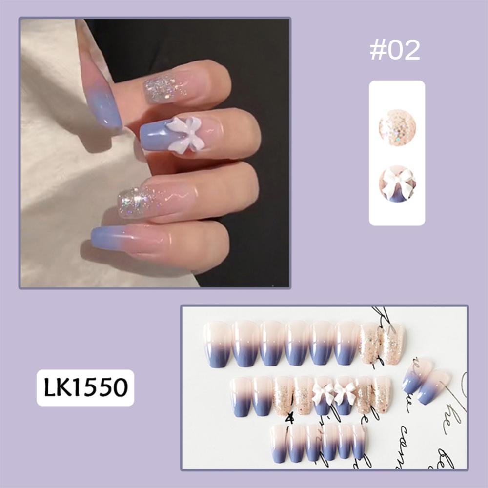 Timekey 24pcs / set Kuku Palsu Panjang Desain Pita Bisa Dilepas Untuk Manicure / Nail Art A7K9