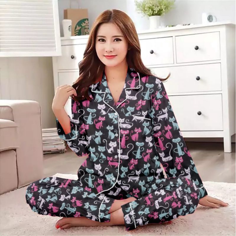 piyama setelan lengan panjang/baju tidur wanita terbaru/setelan wanita katun-Pp black cat