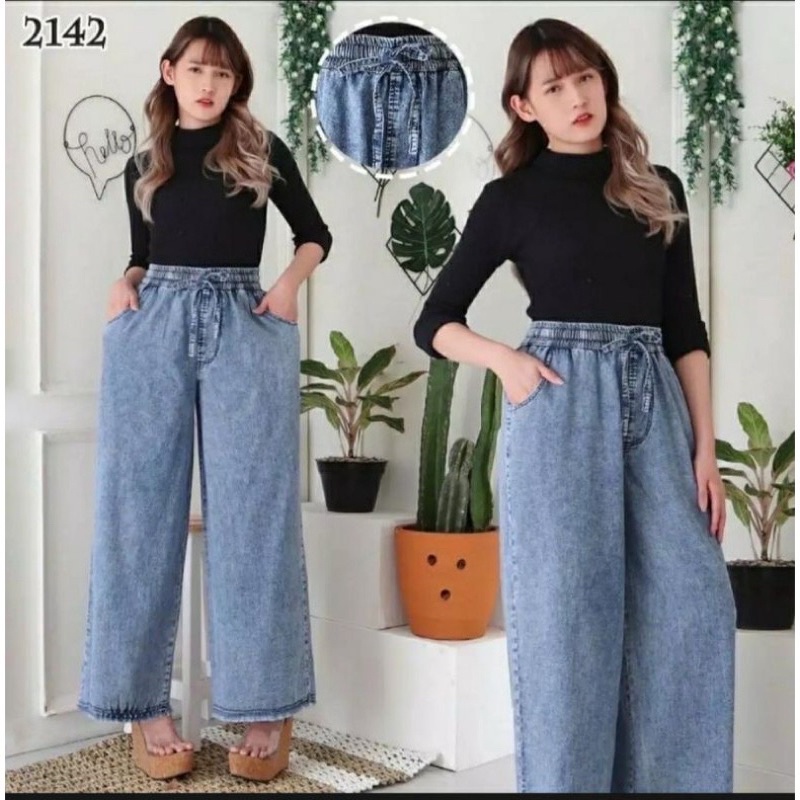 Jeans kulot masa kini - all size - pinggang karet - tali depan - bahan denim