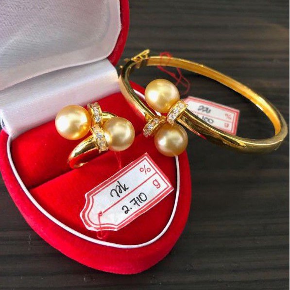 Set Setelan gelang dan cincin sigonan sigon emas 22k 916 mutiara air laut asli lombok cantik terbaru