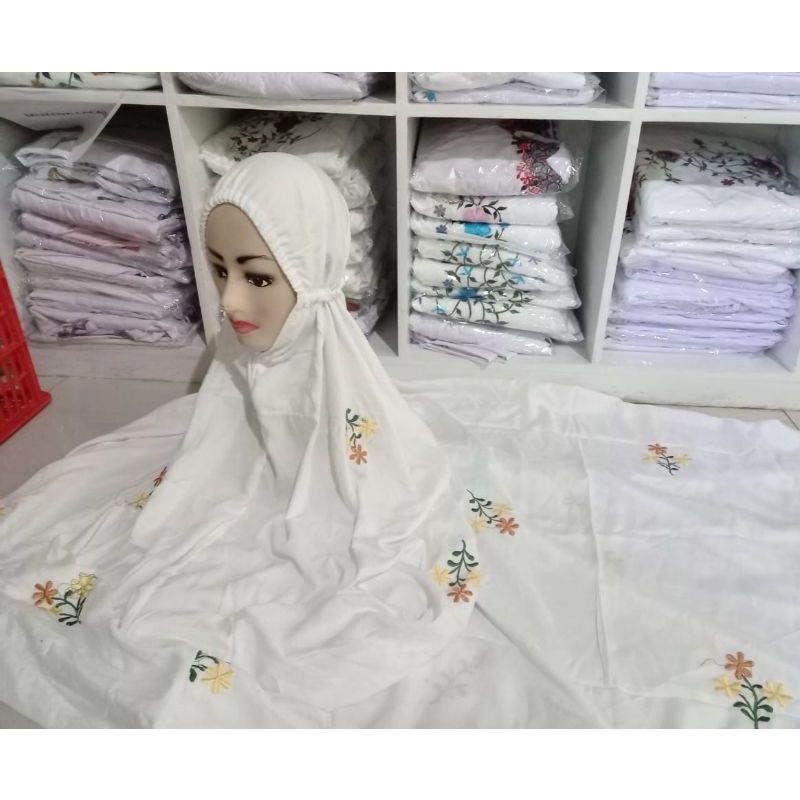 Mukena Putih Dewasa Rukuh Lajuran Bahan Rayon Adem