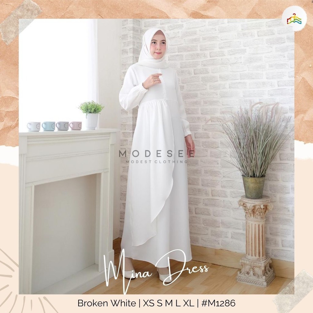 Modesee Gamis Putih Hitam Polos Basic Layer Busui Wanita Muslim Mina Dress, Gamis S M L XL XXL, Gamis Jumbo 2XL 3XL 4XL 5XL-Broken White-XL