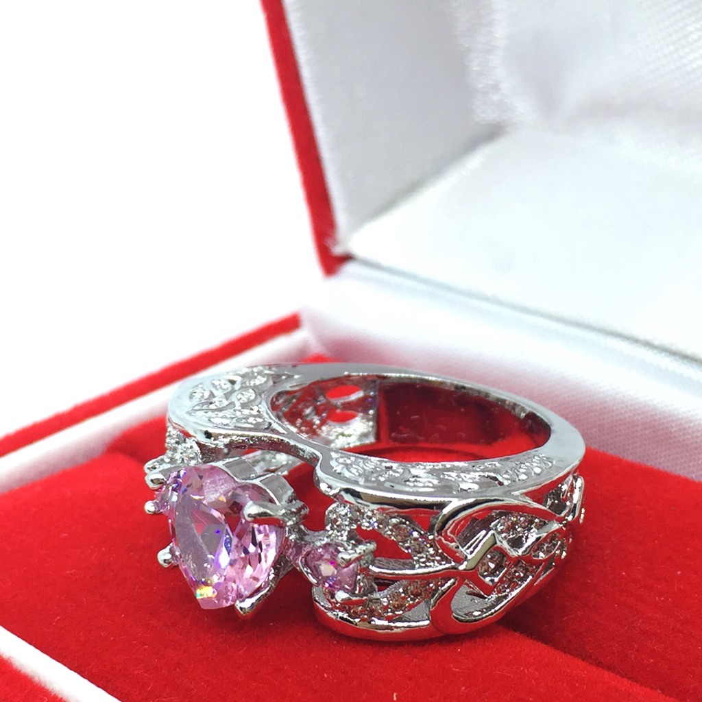 Cincin Lapis Emas Putih Batu Pink Rangka Tebal Bentuk Love - BR212P