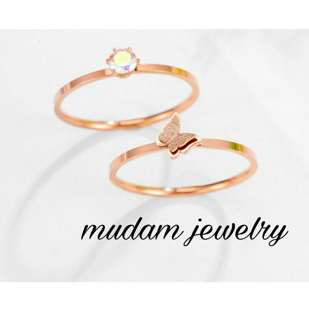 Cincin Titanium Mini Aksen Kupu - Kupu 2 in 1 Dengan Zirkan Rose Gold, Gold dan Silver