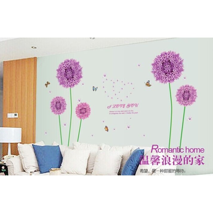 RELIZA WALLSTICKER DANDELION UNGU BUNGA FLOWERS LOVE BUTTERFLY PURPLE HOME DECOR HIASAN DINDING 9127