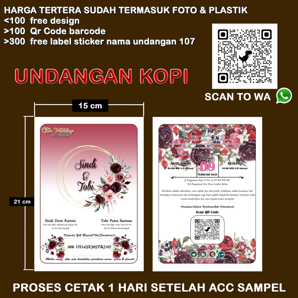 Undangan mini Kopi Pernikahan 006 1 lembar bolak balik Khitanan Custom Paling Murah undangan kecil