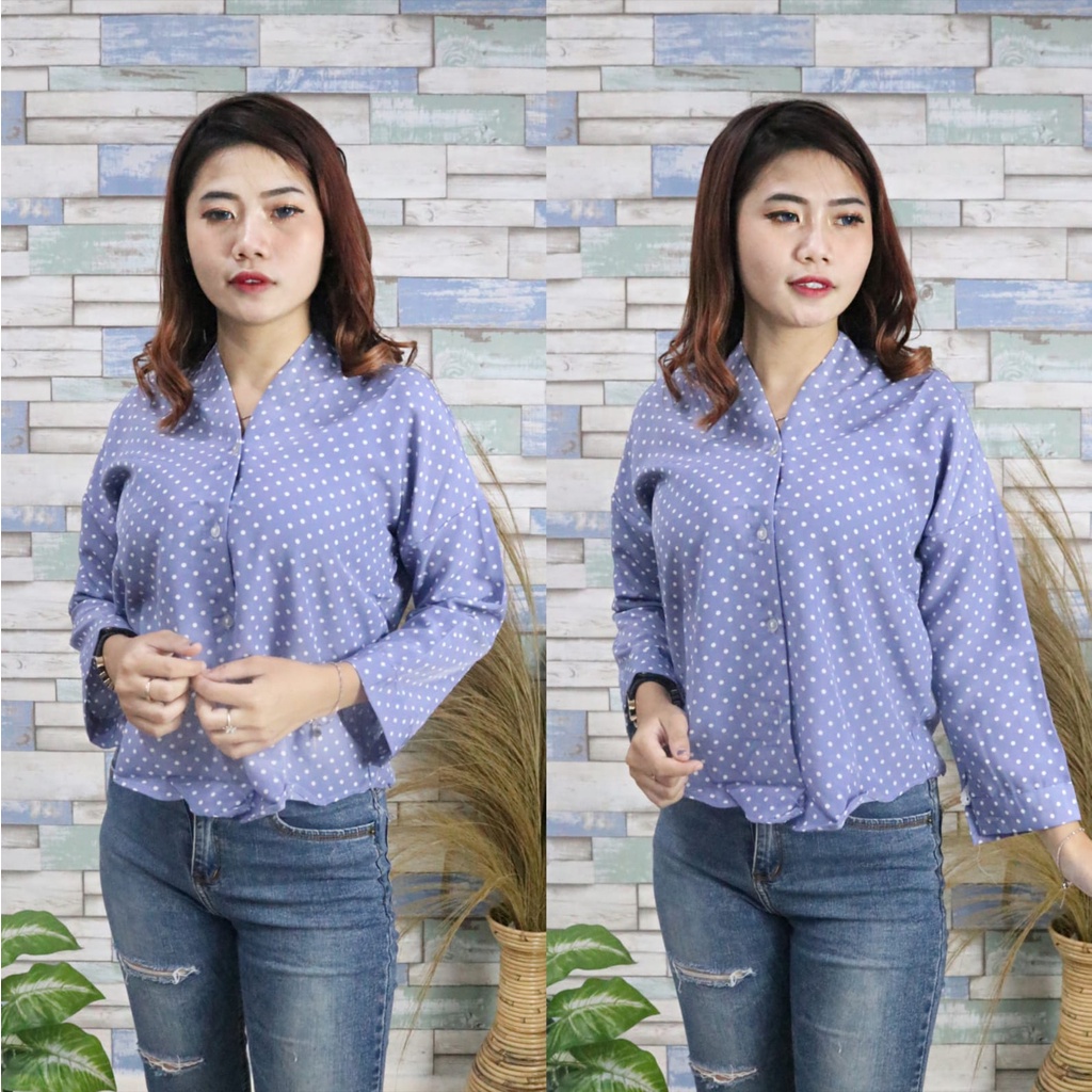 HOPYLOVY - Atasan Wanita Blouse Lengan Panjang Polka Top