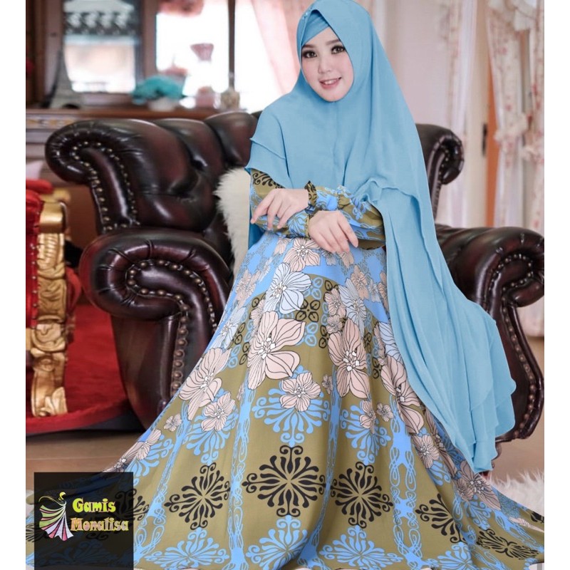 Gamis monalisa murah bunga biru muda cantik murah syari set hijab khimar ceruti 2 layer lb 4 meter