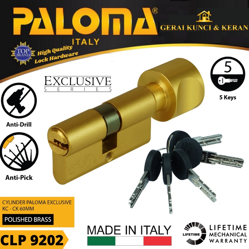 PALOMA CLP 9202 KNOB CYLINDER ITALY 60 MM EXCLUSIVE KUNCI PINTU GOLD POLISHED BRASS