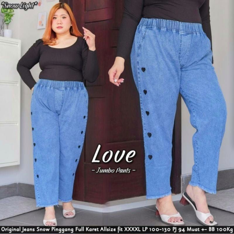 Celana Jumbo Sandwash Bahan Jeans Denim Muat Bb 70-120kg Bawahan Wanita Big Size Trendy-Love Snow blue XXXL