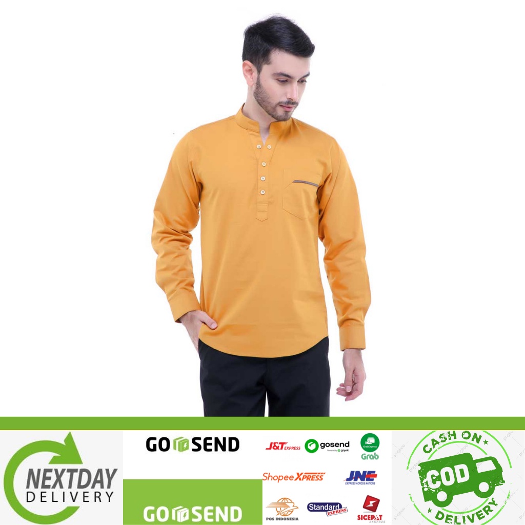Baju koko muslim pria terbaru-baju koko pria-kemeja koko lengan panjang warna mustard