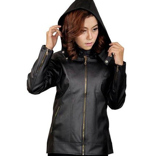 Jaket Semi Kulit Wanita Kupluk Hoodie