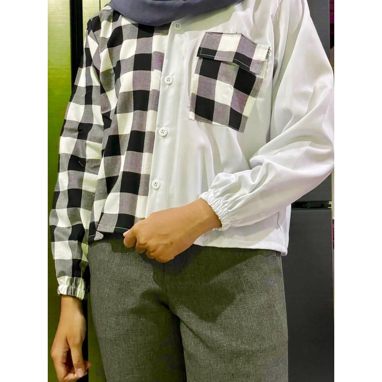 Mika Crop Top / Kemeja Crop Wanita Tartan / Kemeja Two Tone Kotak Murah Meriah