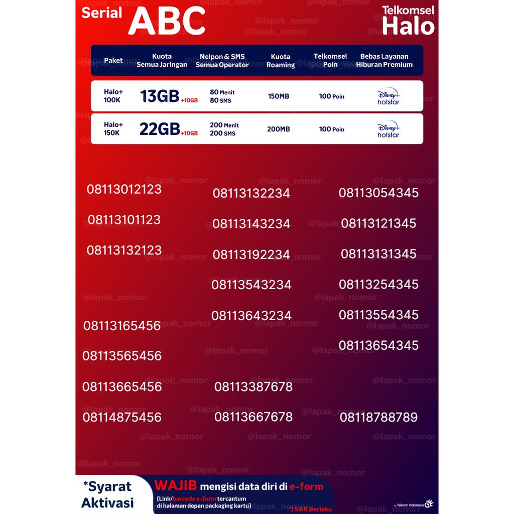 NOMOR CANTIK UNIK POLA ABC 11 DIGIT TELKOMSEL HALO FREE KUOTA UP TO 32GB & NELPON + SMS ALL OPERATOR