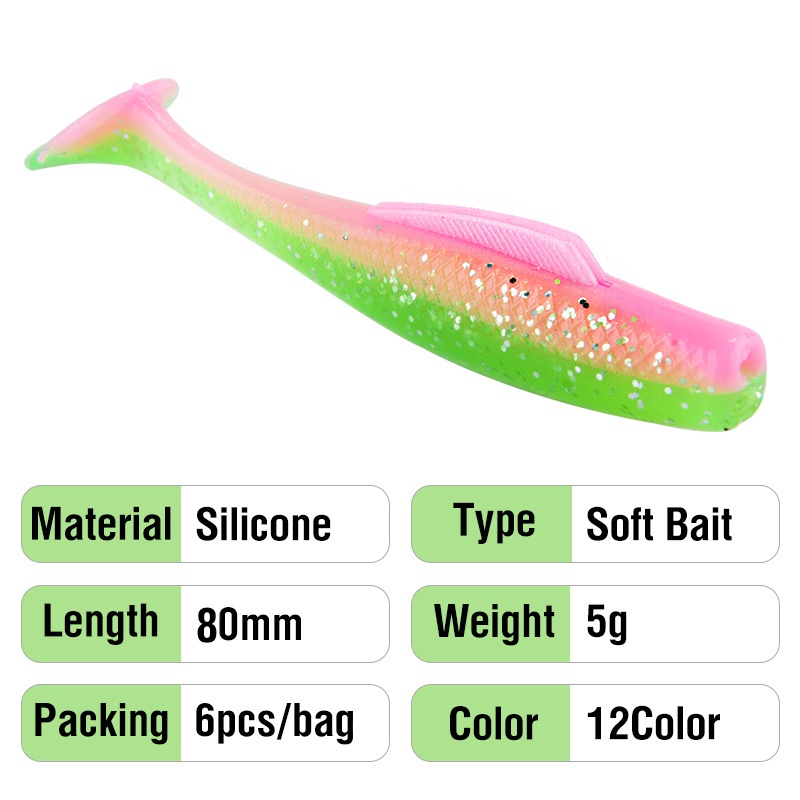 1 / 6 Pcs Umpan Pancing Soft Bait Bentuk Cacing Bahan Plastik Silikon Lembut Ukuran 8Cm / 5G 12 Warna