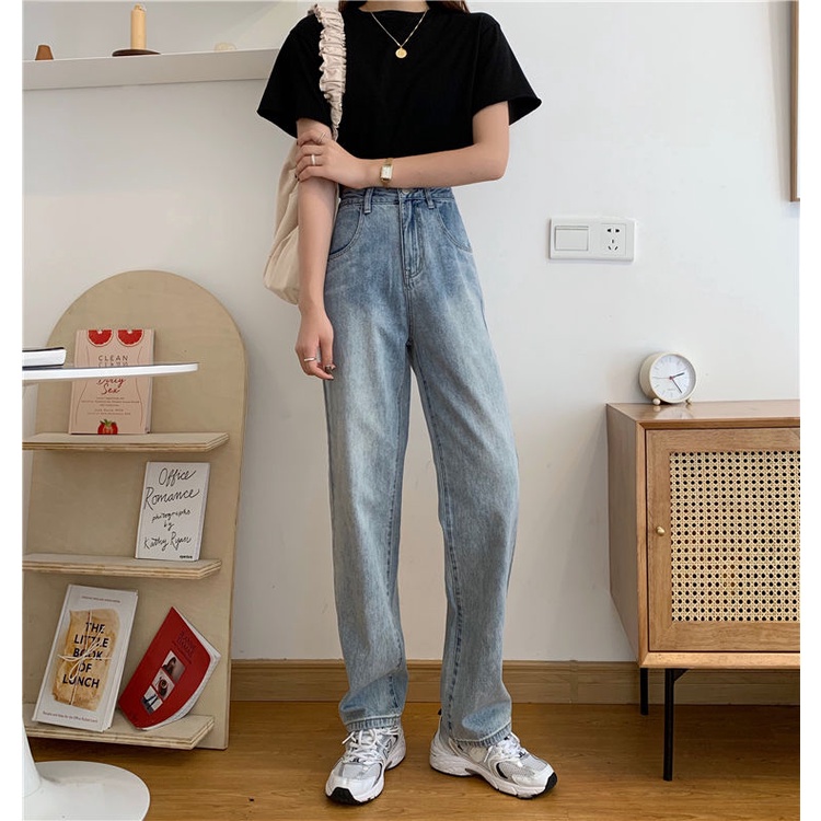 New Korean retro high-waisted loose jeans straight-legged wide-legged