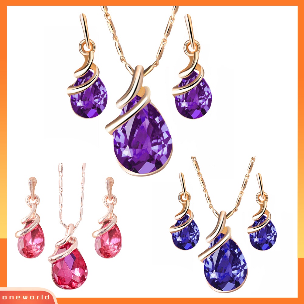 Set Perhiasan Kalung Anting Stud Liontin Teardrop Aksen Berlian Imitasi Untuk Wanita