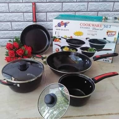 Panci Wajan Set GSF Cookware Enamel 6pcs atau isi 4 Tutup Kaca