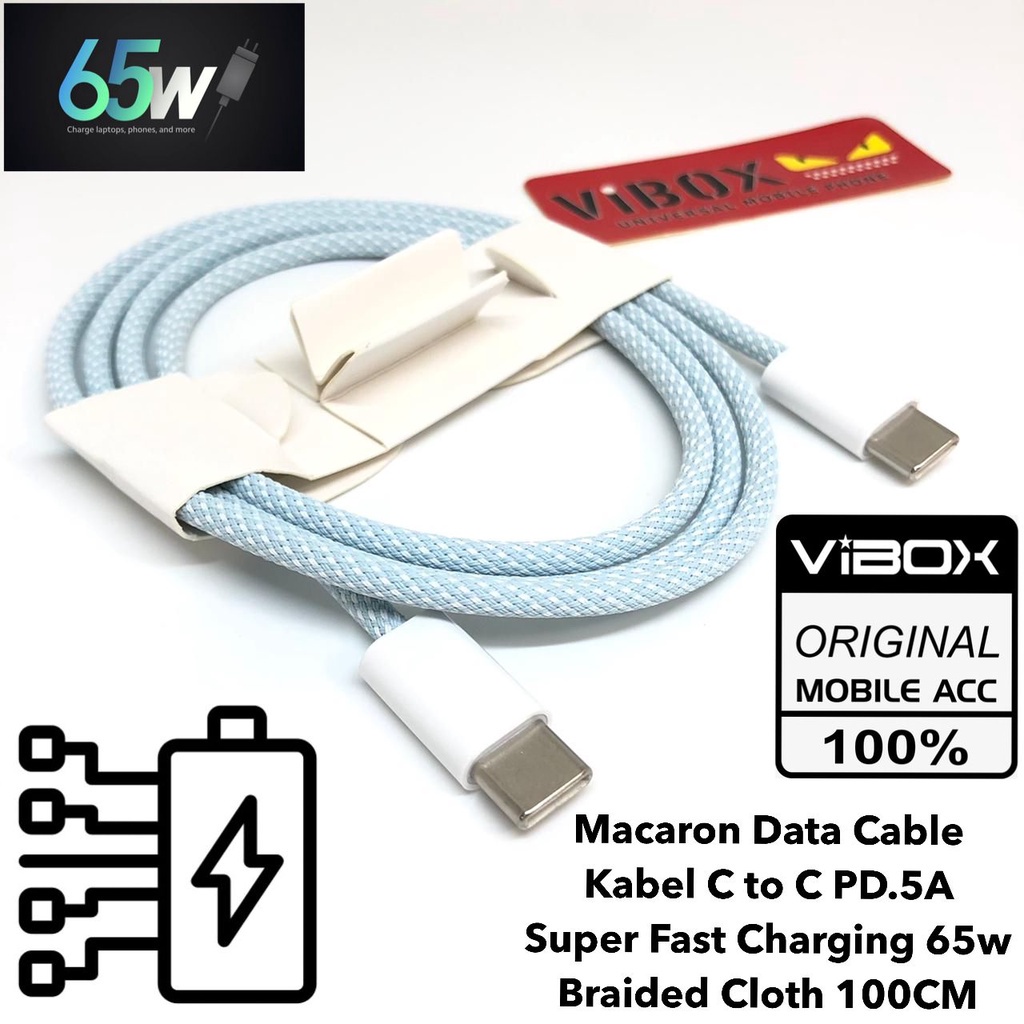 promo Macaron Data Cable TYPE-C TO TYPE-C VIBOX NEW TECHNOLOGY Kabel C to C PD.5A Super Fast Charging 65w  Braided Cloth 100CM