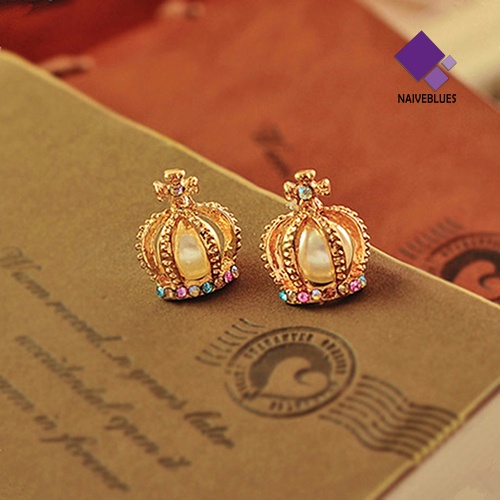 Anting Stud Desain Mahkota Princess Warna-Warni Aksen Mutiara Berlian Imitasi