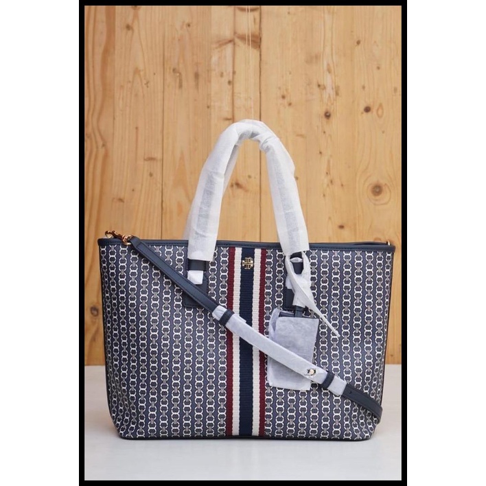 Bag Canvas - Tas Tory Burch Gemini Link Canvas Tote Small New Navy Asli