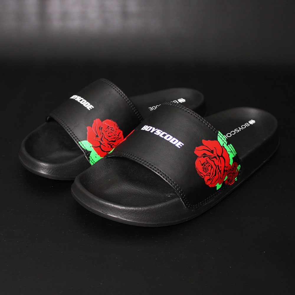 Sendal Selop Pria Wanita Distro Boyscode Red Rose Black Color / Sendal Slip On Pria / Sendal Slide Pria