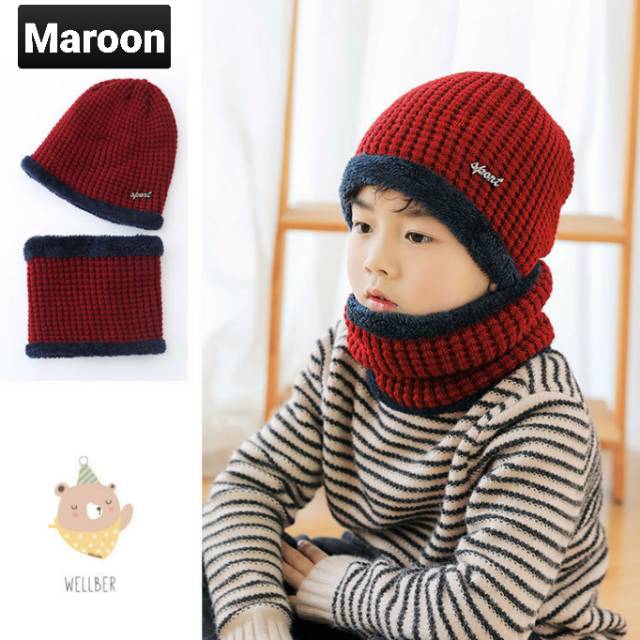 Topi Kupluk dan Syal Anak Musim Dingin 1 Set 01