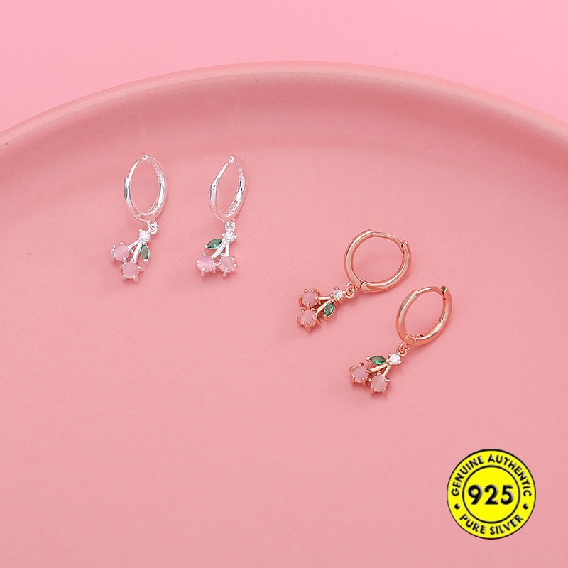 Anting S925 Silver Bentuk Cherry Warna Pink Gaya Korea Untuk Wanita