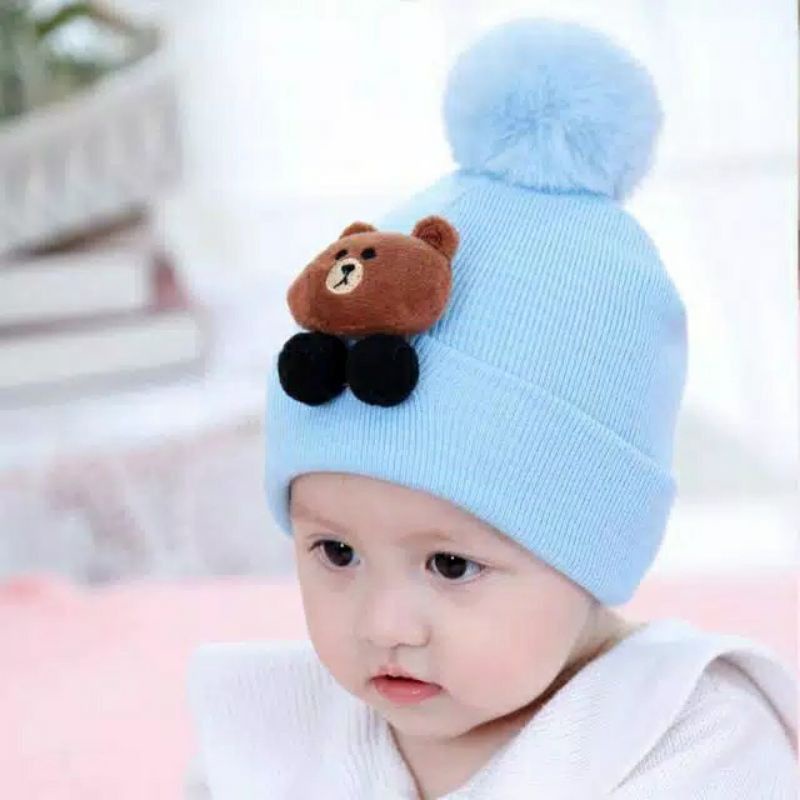 TOPI RAJUT KUPLUK BAYI TELINGA MOTIF BERUANG/ BROWN