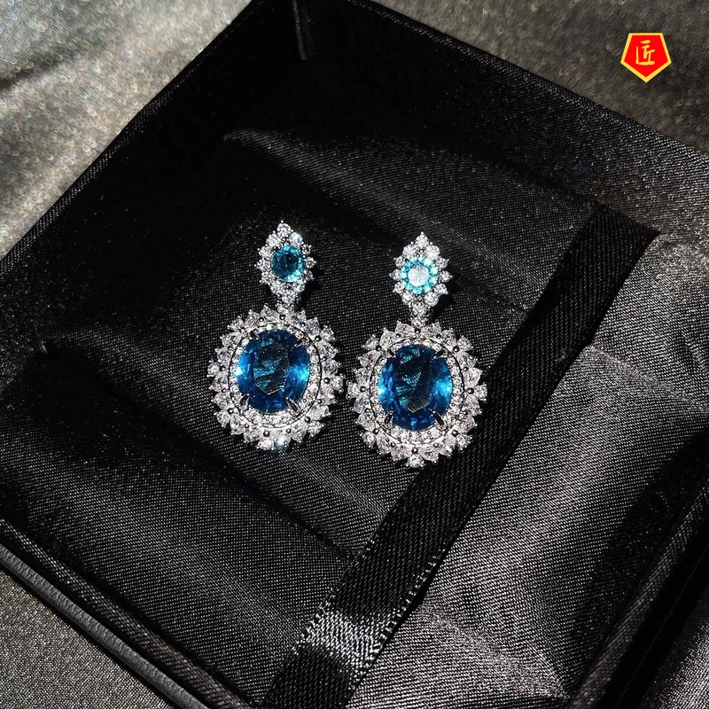 [Ready Stock]New Luxury Sea Blue Topaz Necklace Ring Earings Set