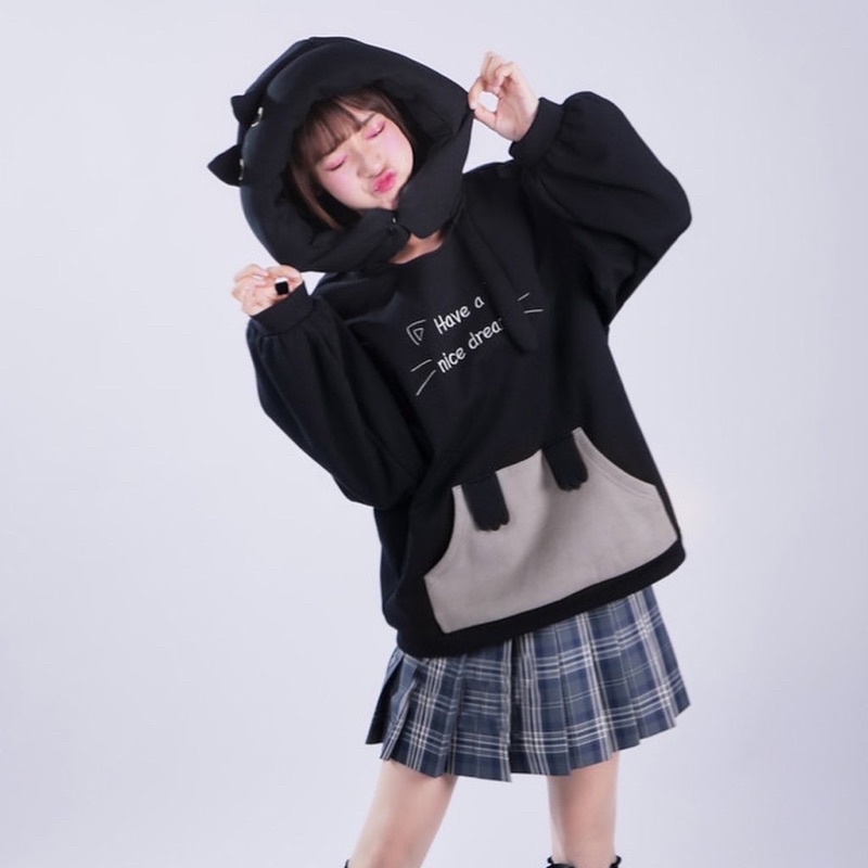 Huggy Black Cat Hoodie Jaket Karakter Kucing Neko Kawaii Jepang Lucu