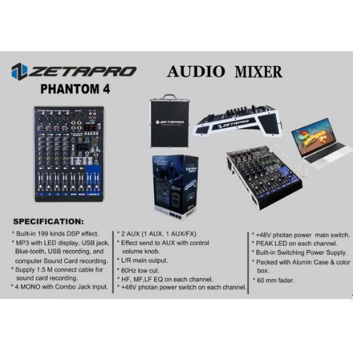 Mixer 4 channel Zetapro Phantom 4 Original usb bluetooth aux 2 recording effect 199 dsp Connect Pc