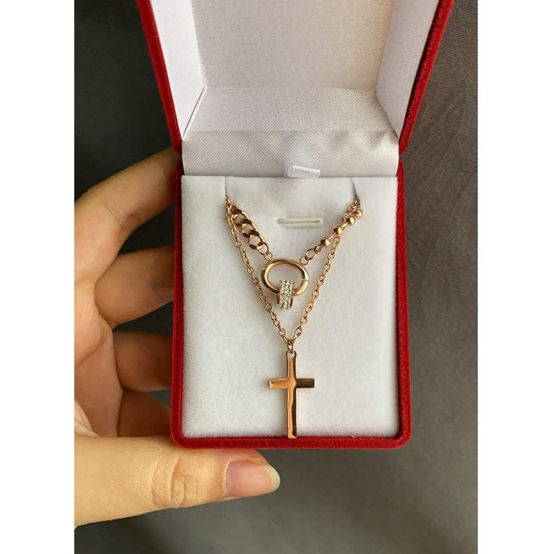 Kalung fashion aksesoris titanium korea hadiah wanita cewek 316L anti karat KK200 salib 2 layer