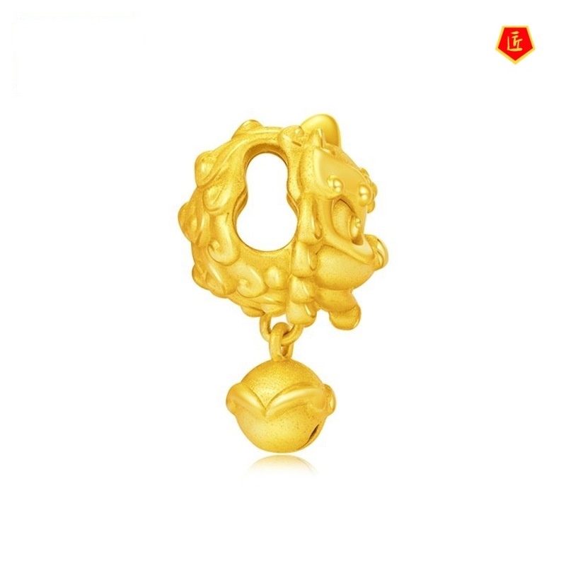 [Ready Stock]Gold Auspicious Little God Beast Lion Bell Pendant 3D Golden Lucky Beads