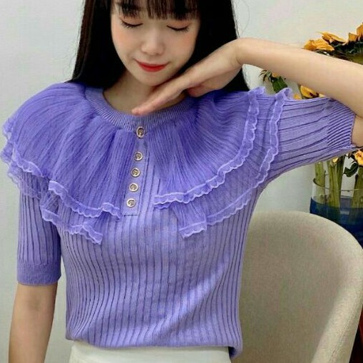 3797 Baju atasan blouse rajut lengan pendek wanita import baju blouse rajut cewek import korea ungu