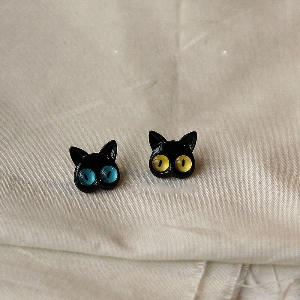 Needway Anting Wanita Temperamen Lucu Gadis Hadiah Aksesoris Pesta Kucing Hitam Alloy Asimetris Telinga Stud