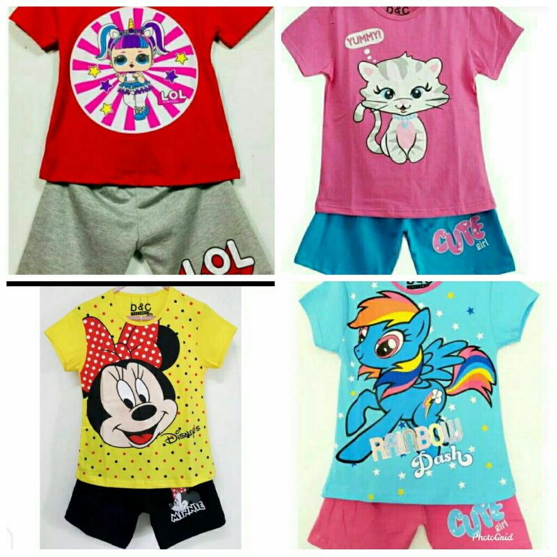setelan anak cewek UNICORN BIRU RAINBOW DASH/MINNIE DISNEY KUNING/baju harian anak PONY/LOL MERAH/KU