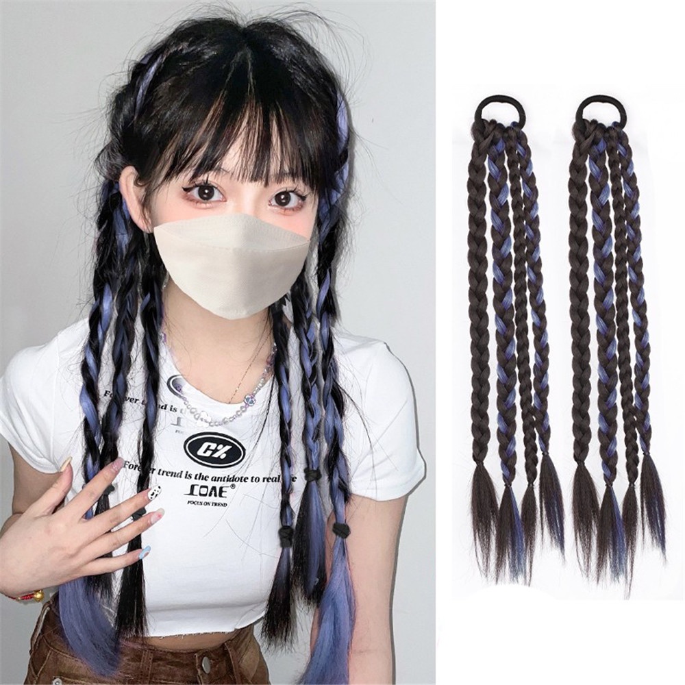 1pc Wig Rambut Model Kepang Warna Abu-Abu Biru Pink Untuk Wanita