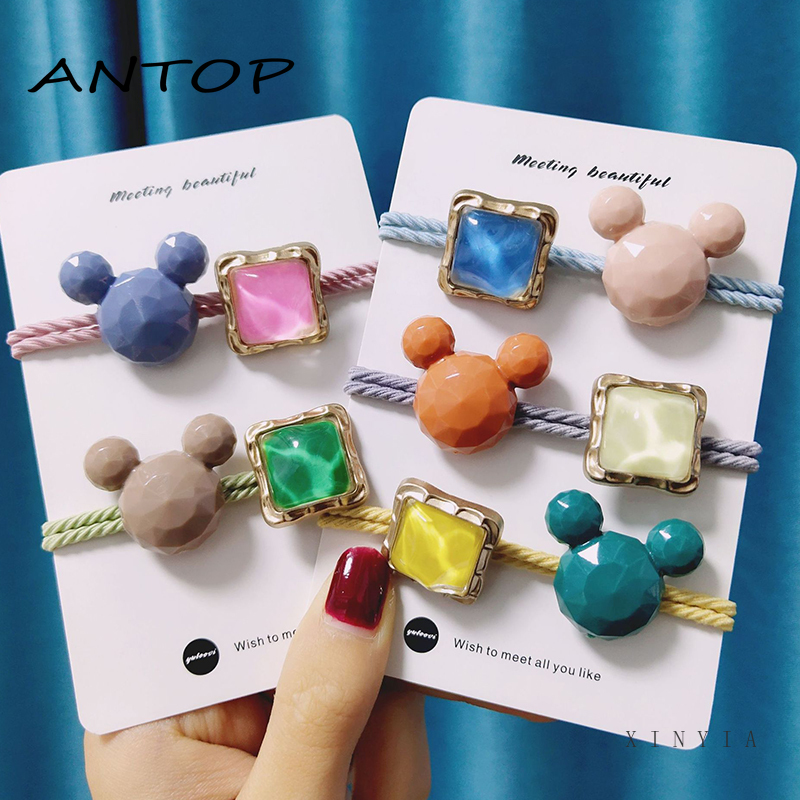 Ikat Kepala Bahan Karet Desain Mickey Mouse Aksen Kristal Berlian Imitasi Gaya Korea Untuk Wanita ANTOP