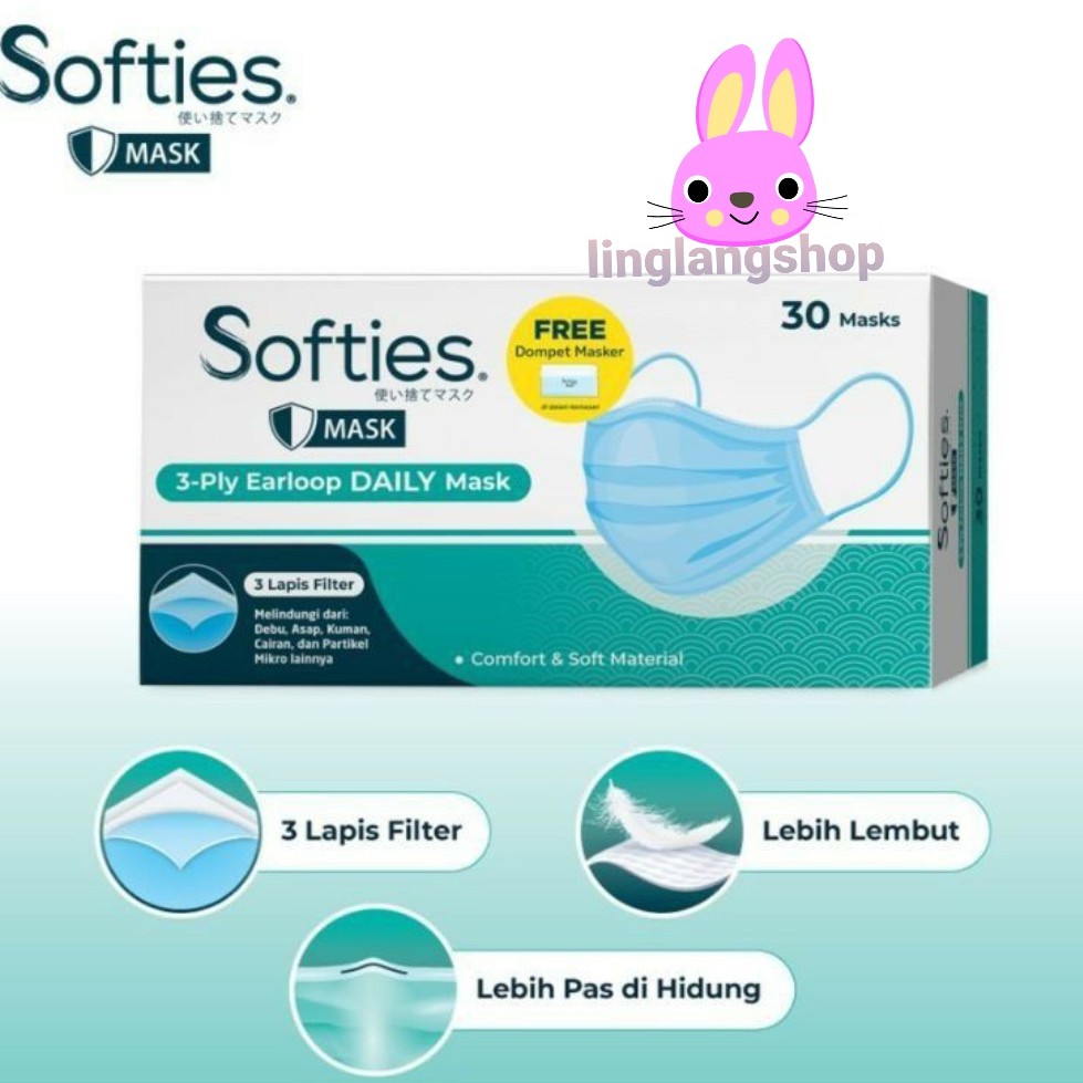 (Original) SOFTIES Masker 3ply ( BOX isi 30 ) polos / Batik Earloop Daily / surgical mask (no.141)
