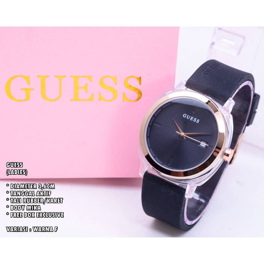 JAM TANGAN WANITA GUESS TALI RUBBER BODY BULAT TANGGAL AKTIF